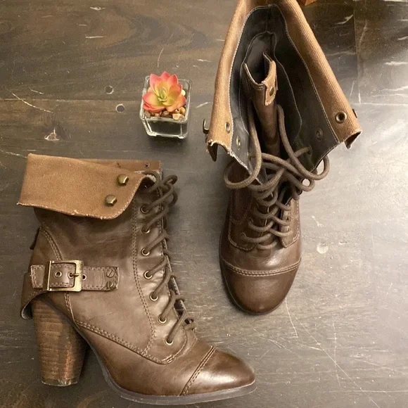 Steve Madden | AWOLL Combat Moto Heel Leather Boots brown women’s 8.5 - Picture 2 of 9